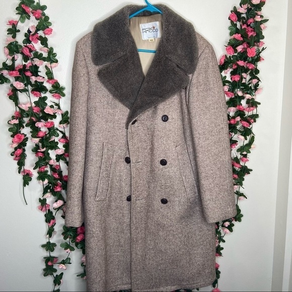 🌹 Fox Knapp VTG Tan Brown Wool Peacoat Faur Fur Coat 40 Long Button Up Winter